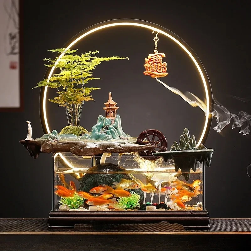 Lucky Glass Fish Globe New Chinese Desktop Rockery Loop Make a Fortune as Endless as Flowing Water Ornaments