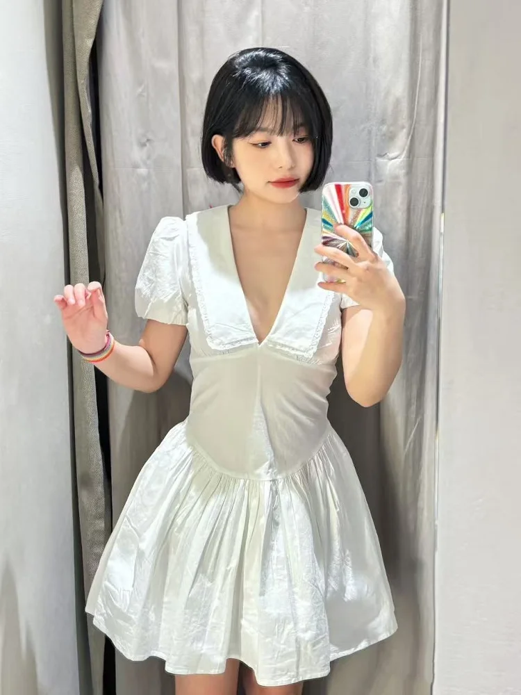 2025년 여름 신상 여성용 스위트 슬레 하이웨이스트 버블 스웨이드 코튼 거즈 드레스 브이넥 라운드 헴 A라인 스커트