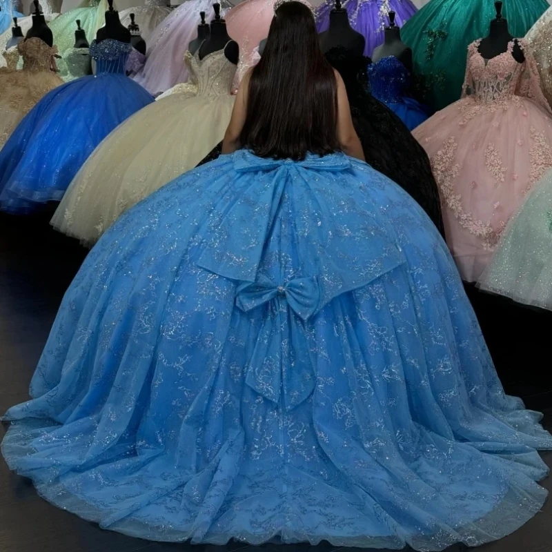 Customized Blue 15th Girl Quinceanera Dresses Beads Bow Sheer Ball Gown Birthday Party Prom Dress Women Vestidos 15 De XV Años