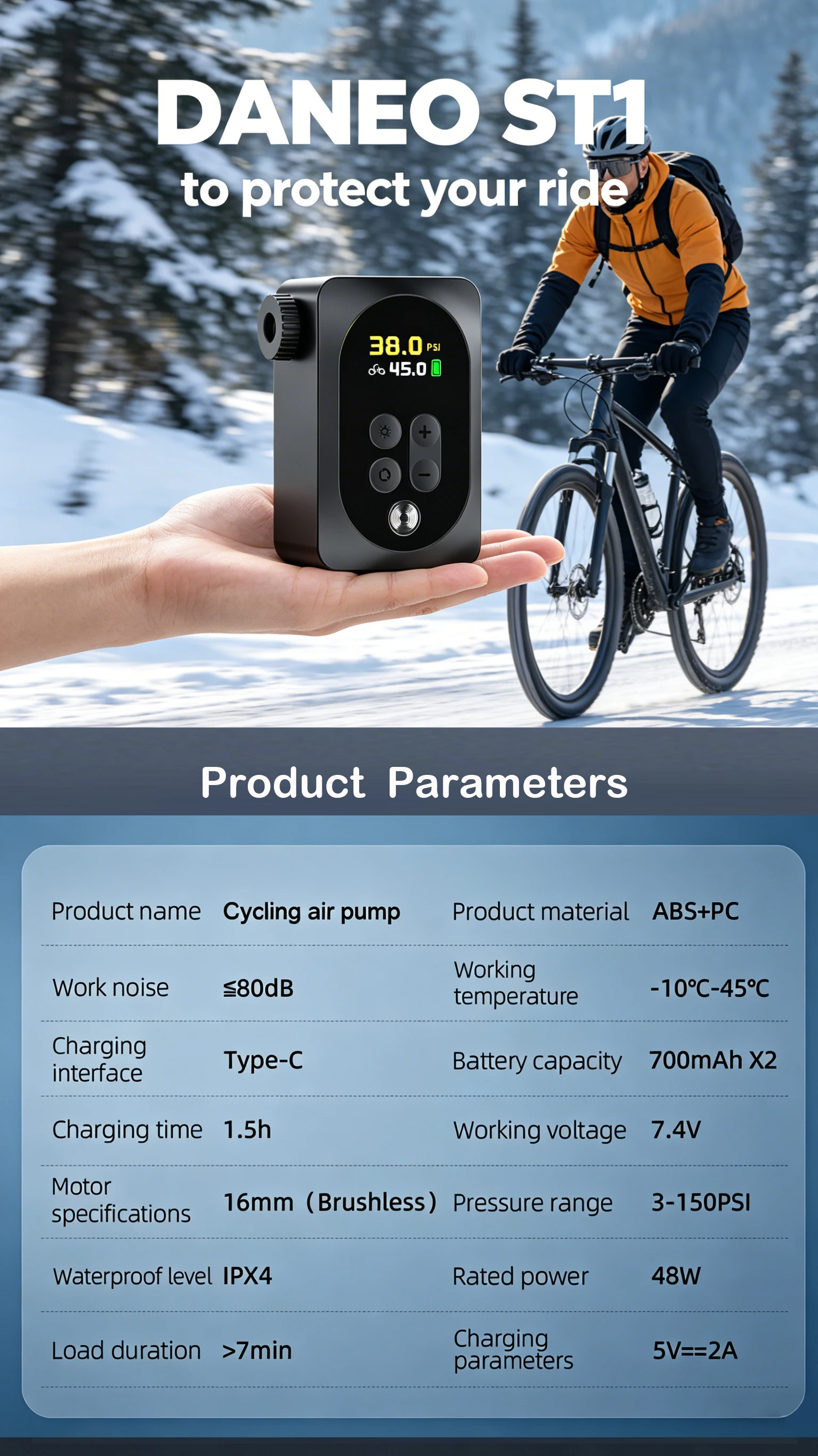 DANEO 150PSI Tragbare Luftpumpe Mini Elektrischer Schnellreifenfüller mit Digitalanzeige für Rennrad, Mountainbike, E-Bike – Detail 5