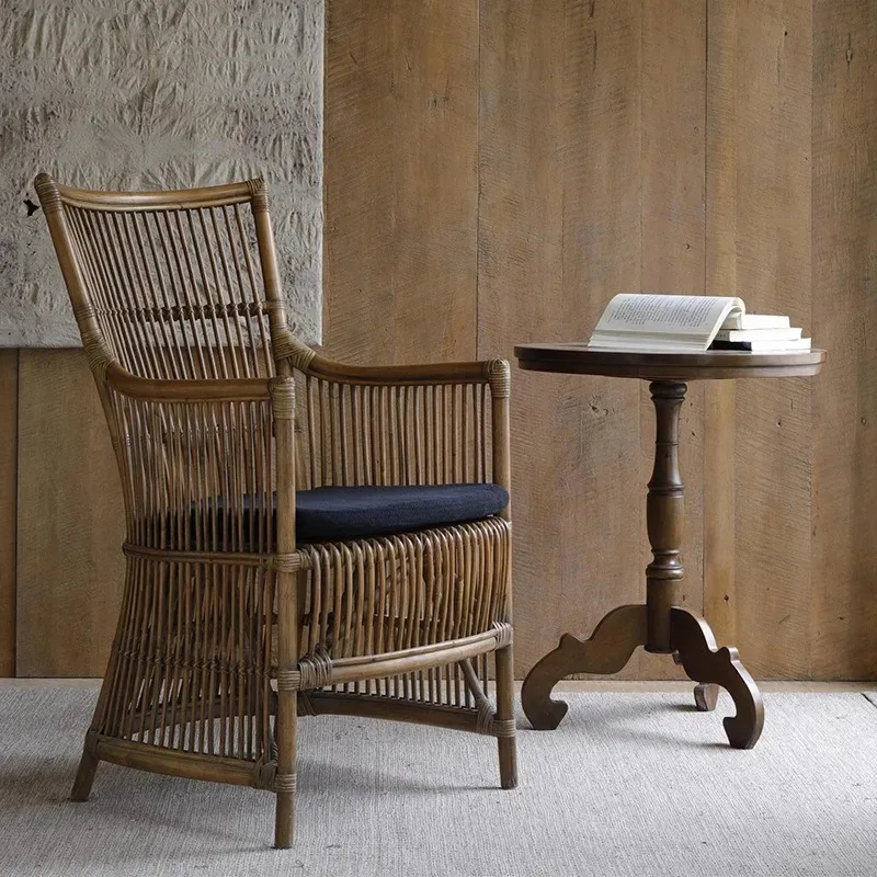 Rattan sofa chair real rattan single study retro old rattan chair simple armrest solid wood black chair