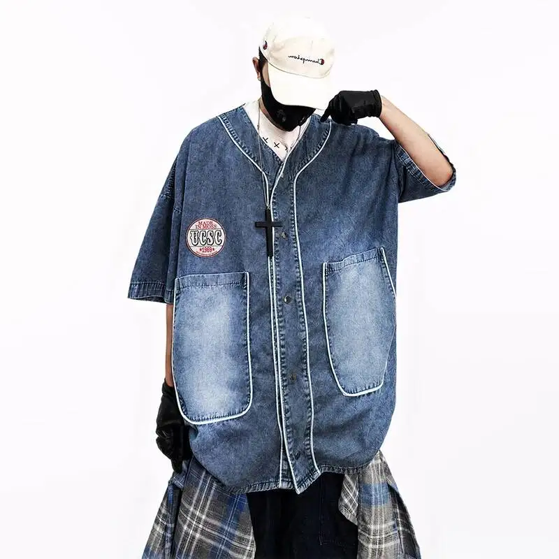 LUZHEN 2026 Summer Fashion Logo Patchwork Design Short Sleeve Denim Shirts Coat Men's Hip -hop Style Street Loose Clothes JY7850