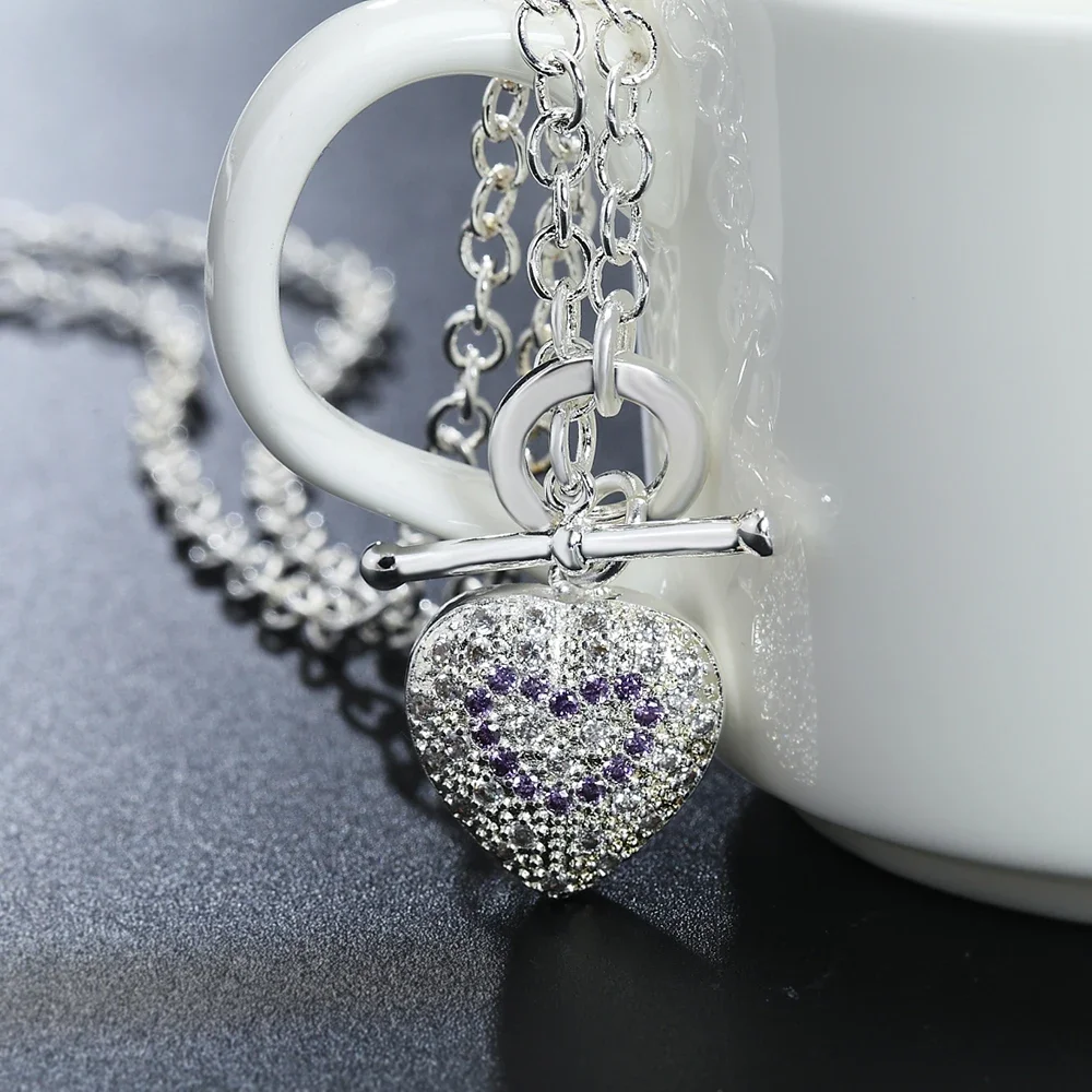 

925 Sterling Silver Purple Crystal Romantic Heart Pendant Necklace for Women Fashion Wedding Accessories Designer Jewelry Gift