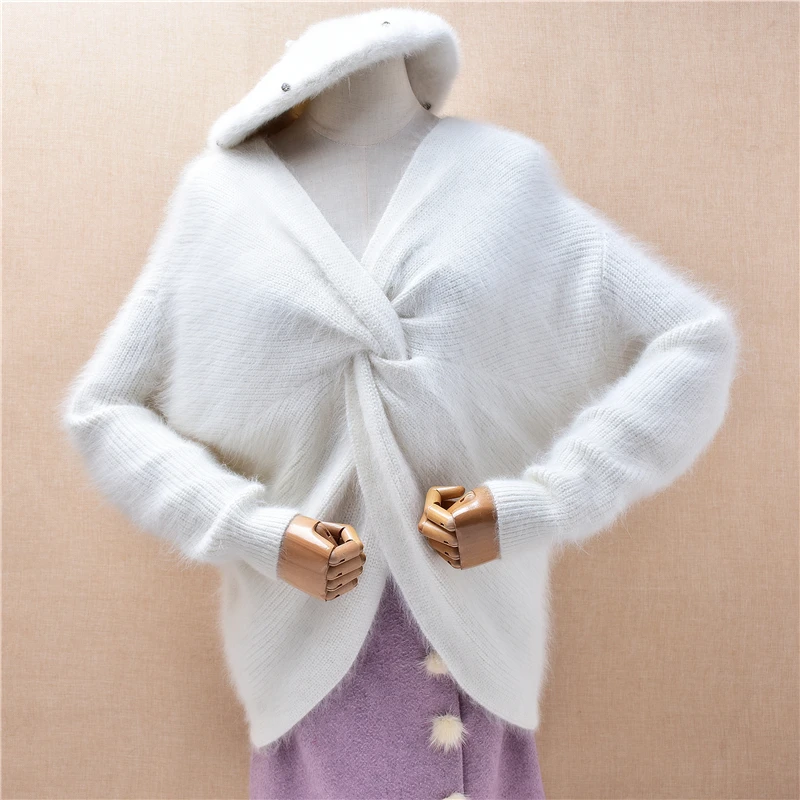 

Ladies Women Autumn Winter Fashion White Tied Hairy Mink Cashmere Knitted V-Neck Long Sleeves Loose Long Sweater Jumper Pull