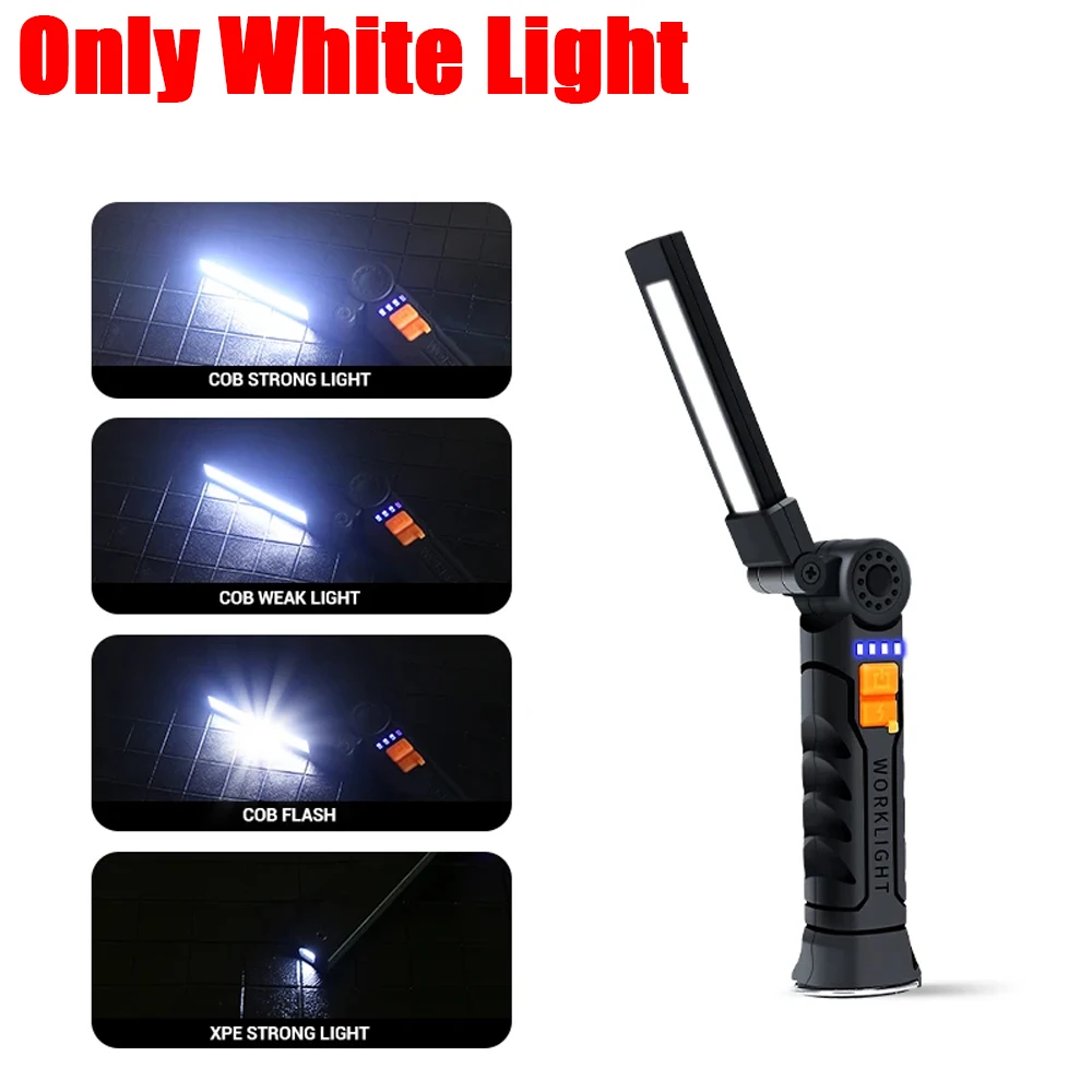 LED COB-zaklamp USB oplaadbare zaklampinspectielamp met magnetisch, haak 360 °   Draaibare lichte noodwerklamp voor buiten