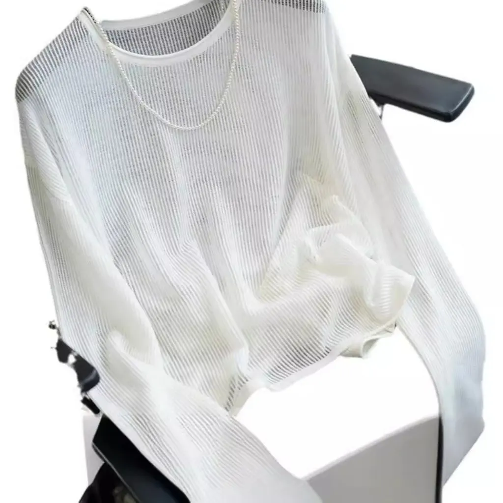 

Women's Lightweight Long-Sleeved T-Shirt round Neck Transparent Bottoming Loose Blouse Hollow Design Sun Protection Top F031628