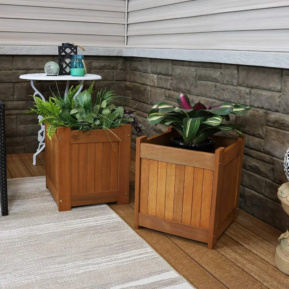 

Wood 16-Inch Square Planter Box with Teak Oil Finish - Set of 2 adornos para plantas en macetas plant pots