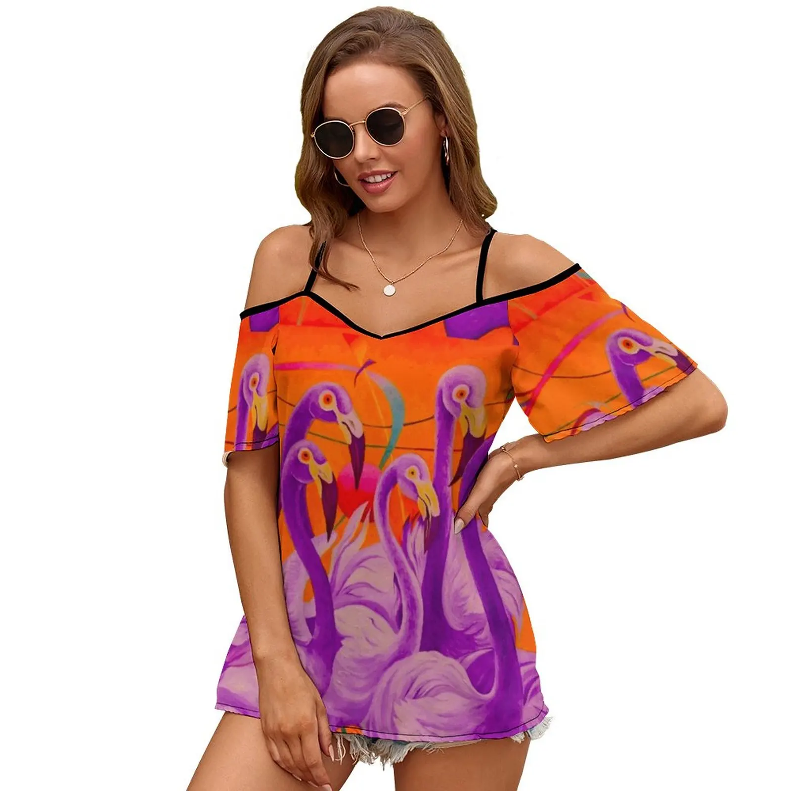 Purple Flamingo Sexy And Club Fashion Female T-Shirt Short Sleeve Off Shoulder Lady T Shirts Purple Flamingo Dream Australia