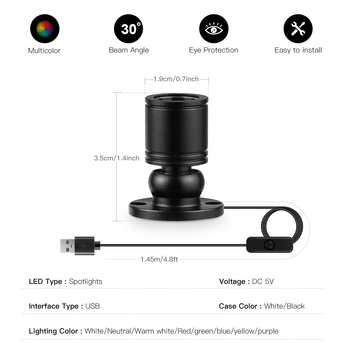 8 สี MINI Spot Light 1W Rotatable โคมไฟเพดาน 5V USB Powered Downlight สําหรับชุดจอแสดงผลเคาน์เตอร์ไวน์กรณี Ambinet แสง