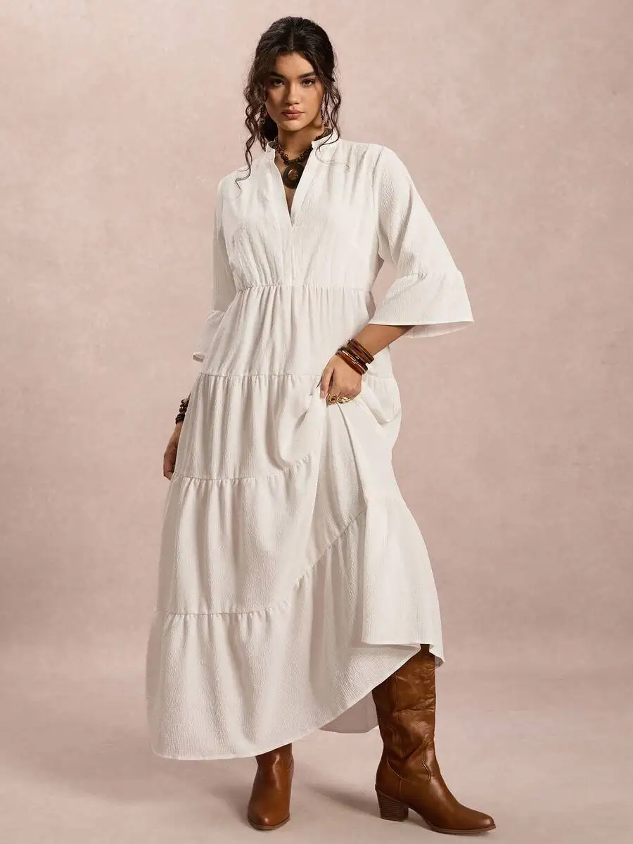 

White Bohemian Tiered Maxi Dress With Flare Sleeves For Women Summer Casual Outfit