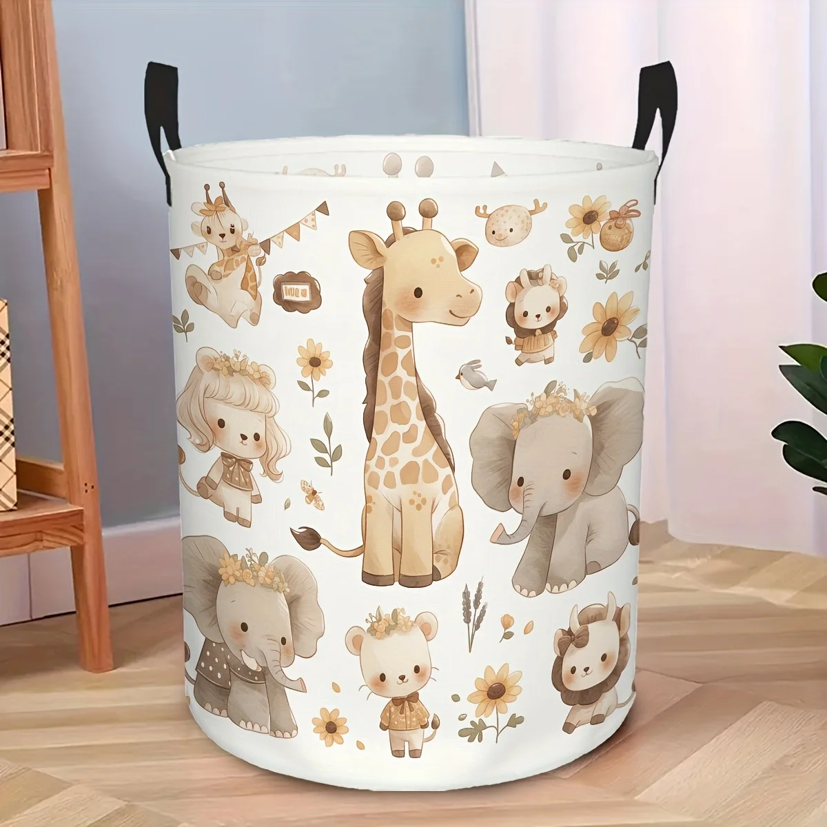 Cute Jungle Animal Laundry Basket with Giraffe Elephant Bear Soft Pastel Portable Hamper Portable Round Storage Bucket