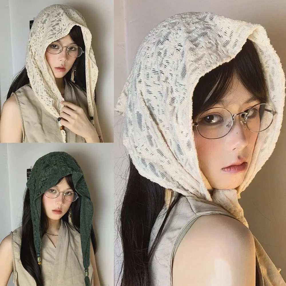 

Temperament Vintage Beads Hair Scarf Thin Korean Lace Turban Y2k Sweet Triangular Bandana Girls
