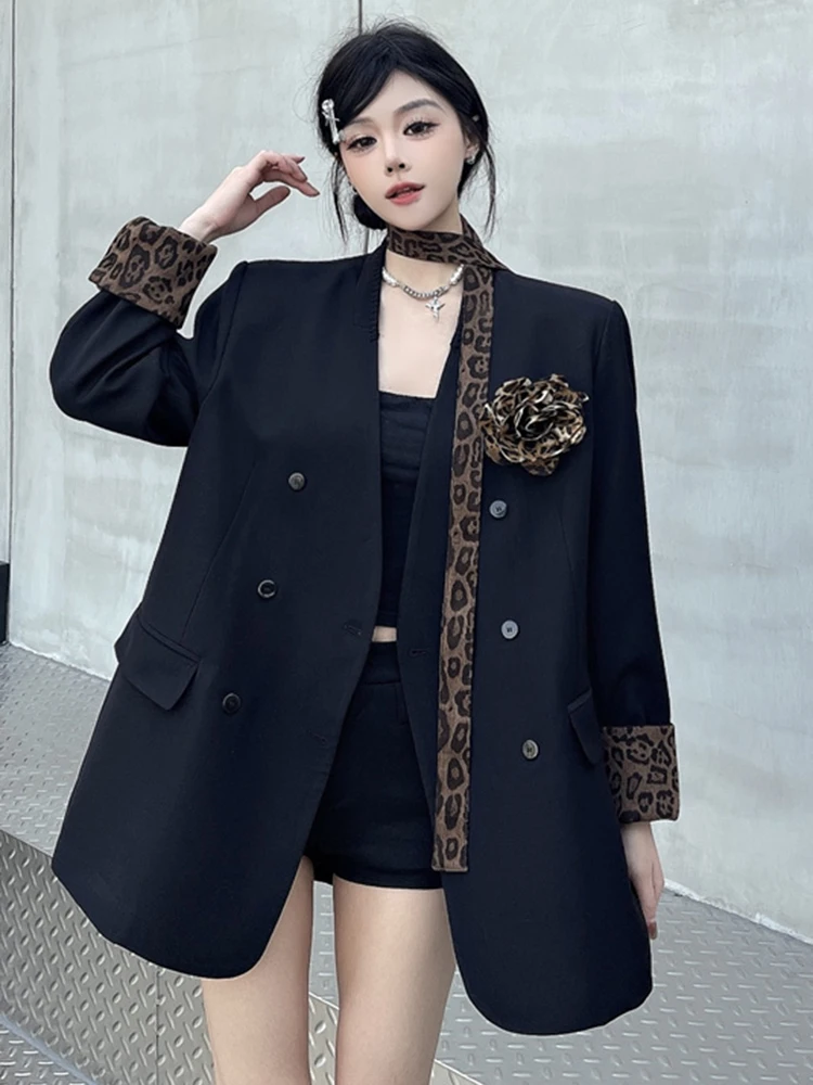 YERMORA Dames Zwart Luipaard Lint Bloem Casual Blazer V-hals Lange Mouw Losse Nieuwe Jas Mode Tij Lente Herfst 2025
