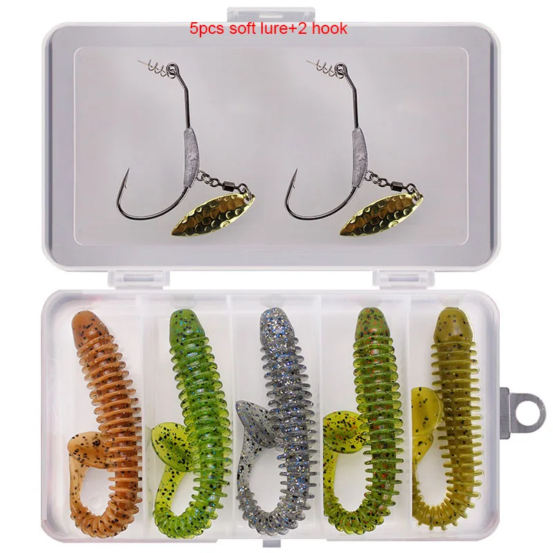 Threaded T-tail Soft Bait Set Maggot with Hook Slot 12cm8.5g Soft Simulated Worm Roadkill Soft Fake Lure Fishing Tackle