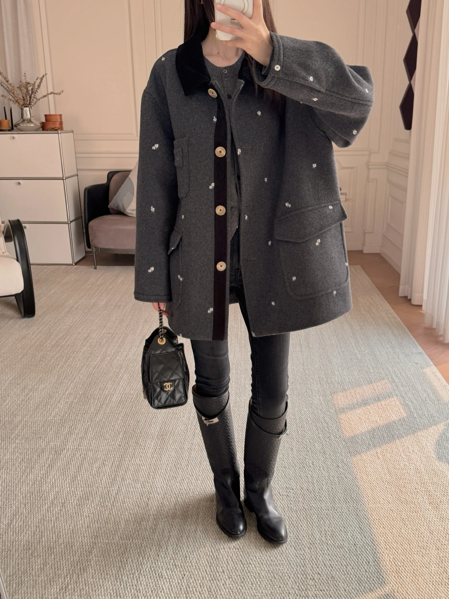 

Ele Embroidered Flower Cotton Woolen Corduroy Jaet Loose Fit Ladies Casual Sle Zipper Closure ort Coat