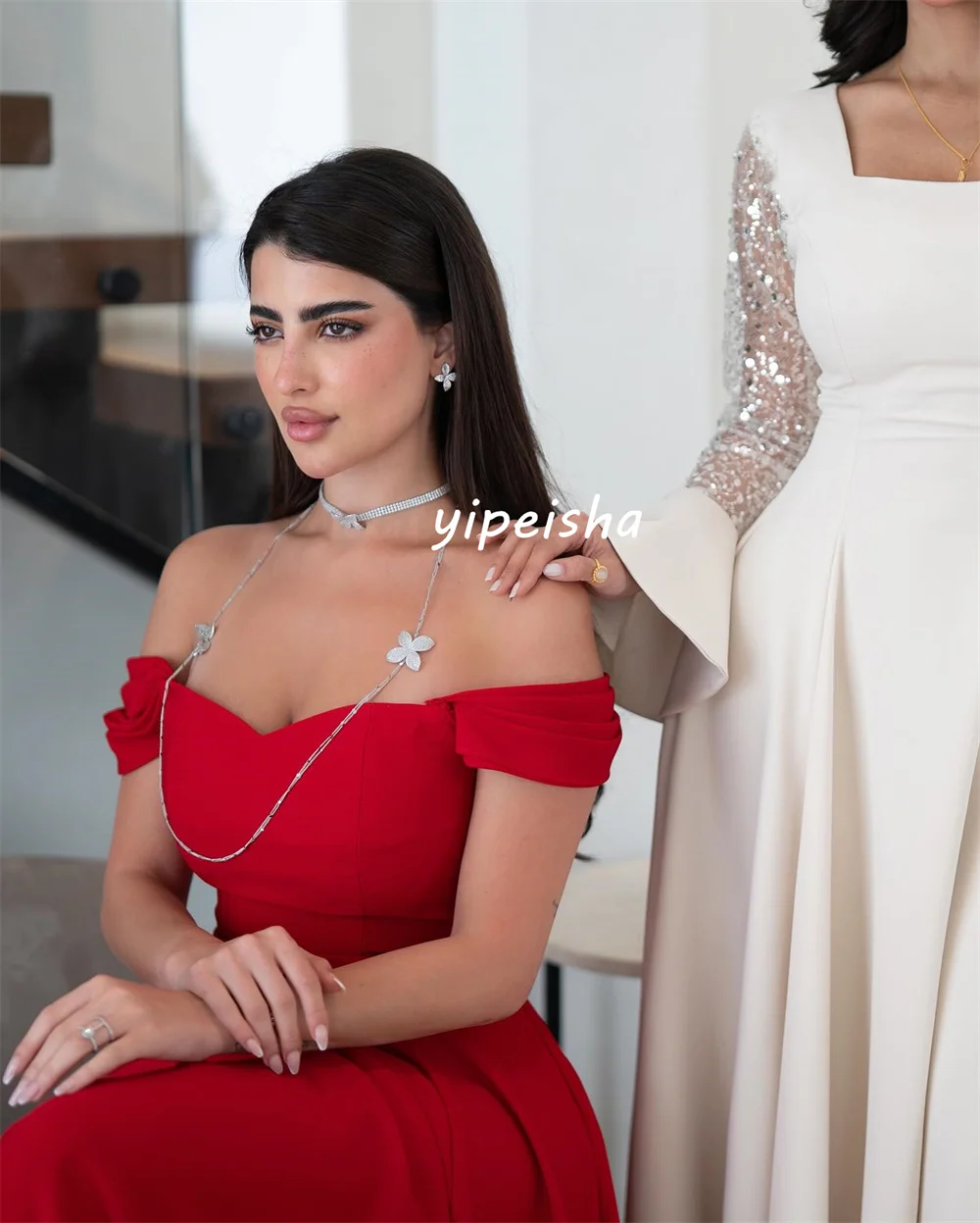 Vestidos largos personalizados a juego, Jersey exquisito plisado, fruncido, corte en A, hombros descubiertos, vestidos para ocasiones a medida, alta calidad