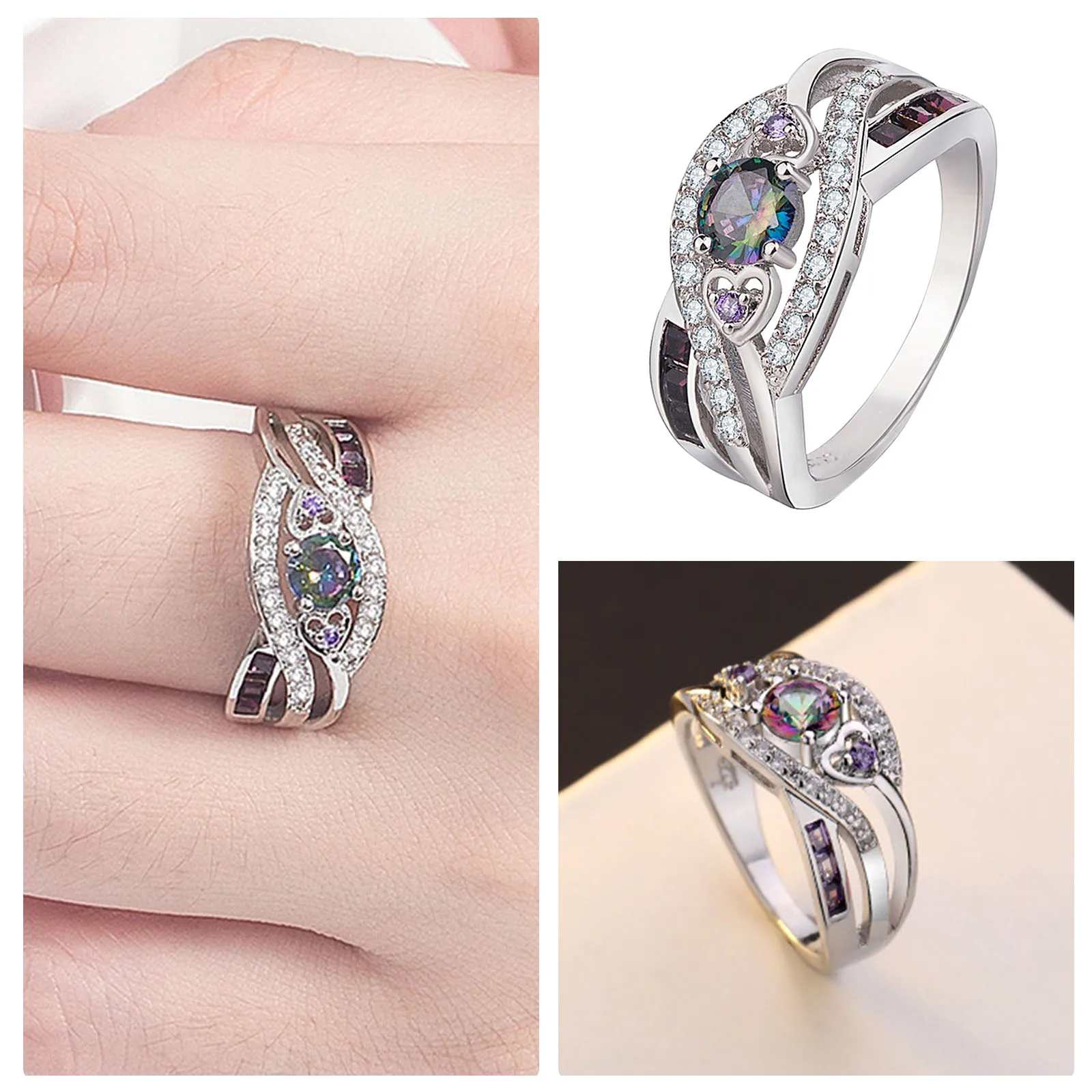 46 خواتم على شكل قلب خاتم جمشت قوس قزح ملون 3a الزركون مطلي البلاتين خاتم فضة 14