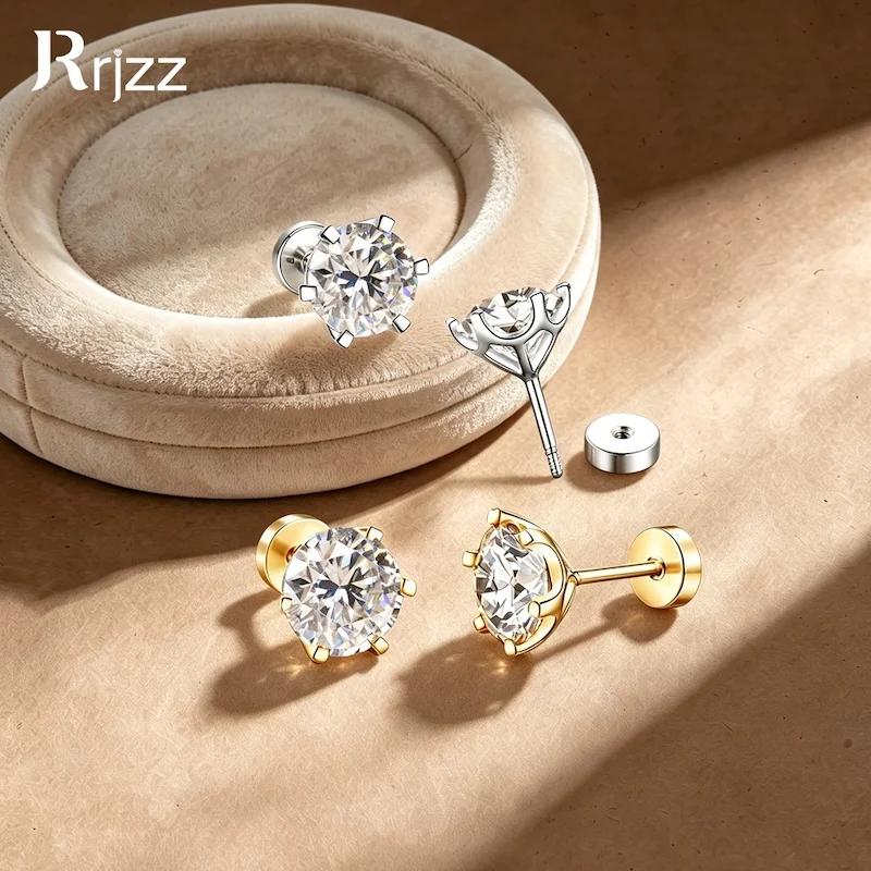 Rrjzz Solitaire 3-8mm D-Color Round Moissanite Threaded Stud Ear 0.1CT-2CT Cylinder Ear Plug for Women Men Earrings Jewelry Gift