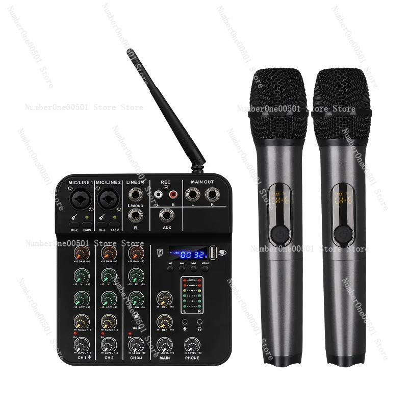 

4-Way mixer with wireless microphone Computer live recording Small stage Wedding performance Bluetooth reverb four