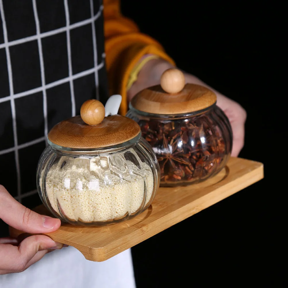 

Pumpkin Shaped Condiment Bottle Bamboo Lid Spice Jar with Spoon for Kitchen Home Glass Condiment Containers With Lids Decor