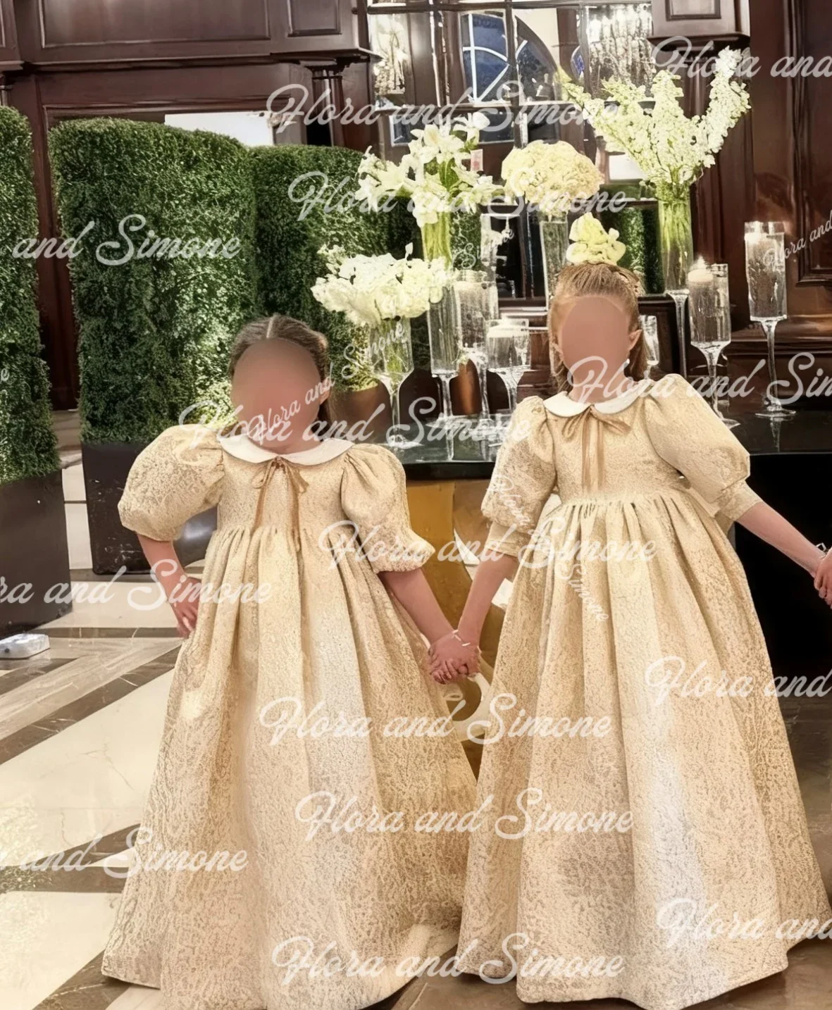 Gold Puff Sleeves Chiffon Elegant Flower Girl Dress for Wedding Ceremonies Formal Receptions Holiday Celebrations Customized