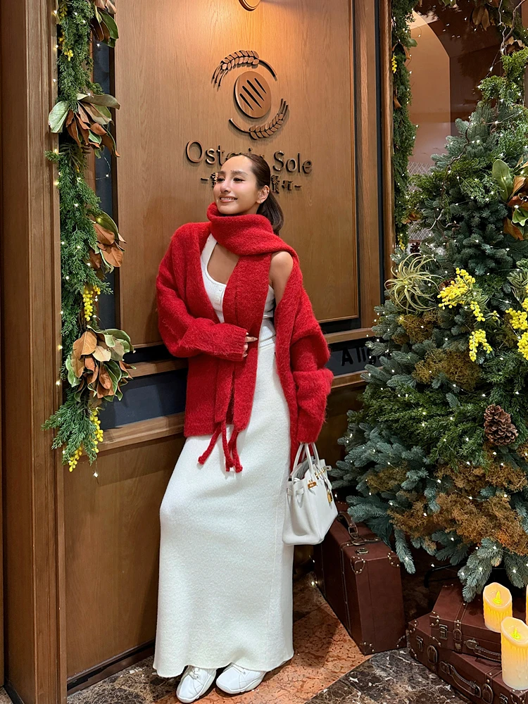 

Maru Maruco Warmth Loing Long V-Ne Sweater Cardigan Set with Scarf Mixed Fiber Casual Loose Fit Winter Women's Wear