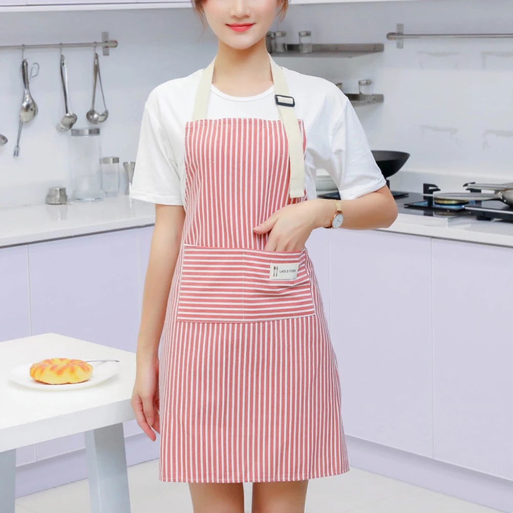 

Waterproof Oilproof Apron Cooking Stripe Women Kitchen Baking Chef Flat Yellow Green Long Ties Prevent Smudge