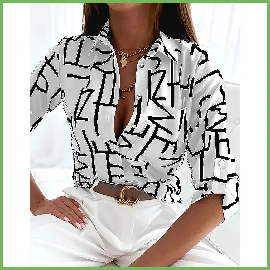 

2024 Autumn Women's Long Sleeve Blouse, Elegant Office Shirt with Pocket & Casual Loose Fit Print Top (72 characters)