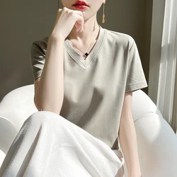 Summer V-neck 100% Cotton Short-Sleeved T-Shirt Women's Loose Mercerized Cotton Half-Sleeve Bottoming Shirt White High-end Top
