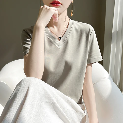 Camiseta de manga corta 100% de algodón con cuello en V para mujer, camisa holgada de algodón mercerizado de media manga, Top blanco de gama alta, verano