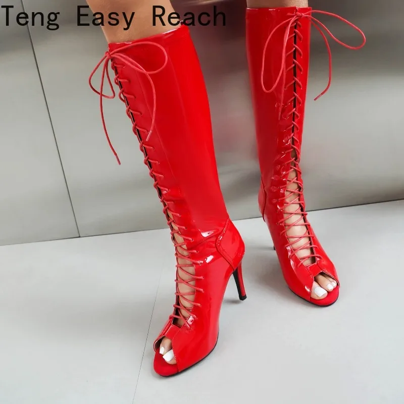 Red Knee-length Lace-up Varnished Leather Boots Thin Heels Stylish Sexy Summer Plus Size Women's Shoes Zapatillas Mujer