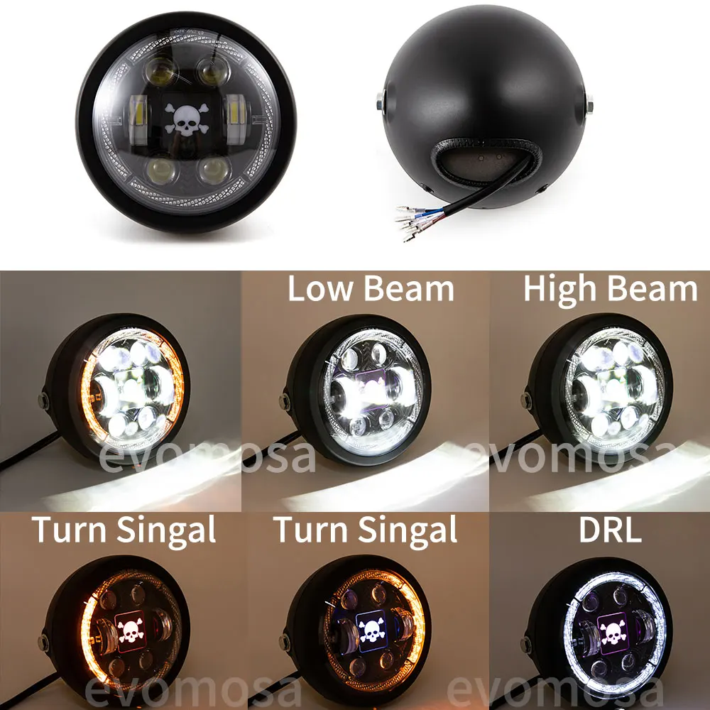 Universal 6.5 inch LED Motorcycle Headlight High/Low Beam Turn Signal Lamp Retro Headlamp White DRL for Dyna Sportster Softail
