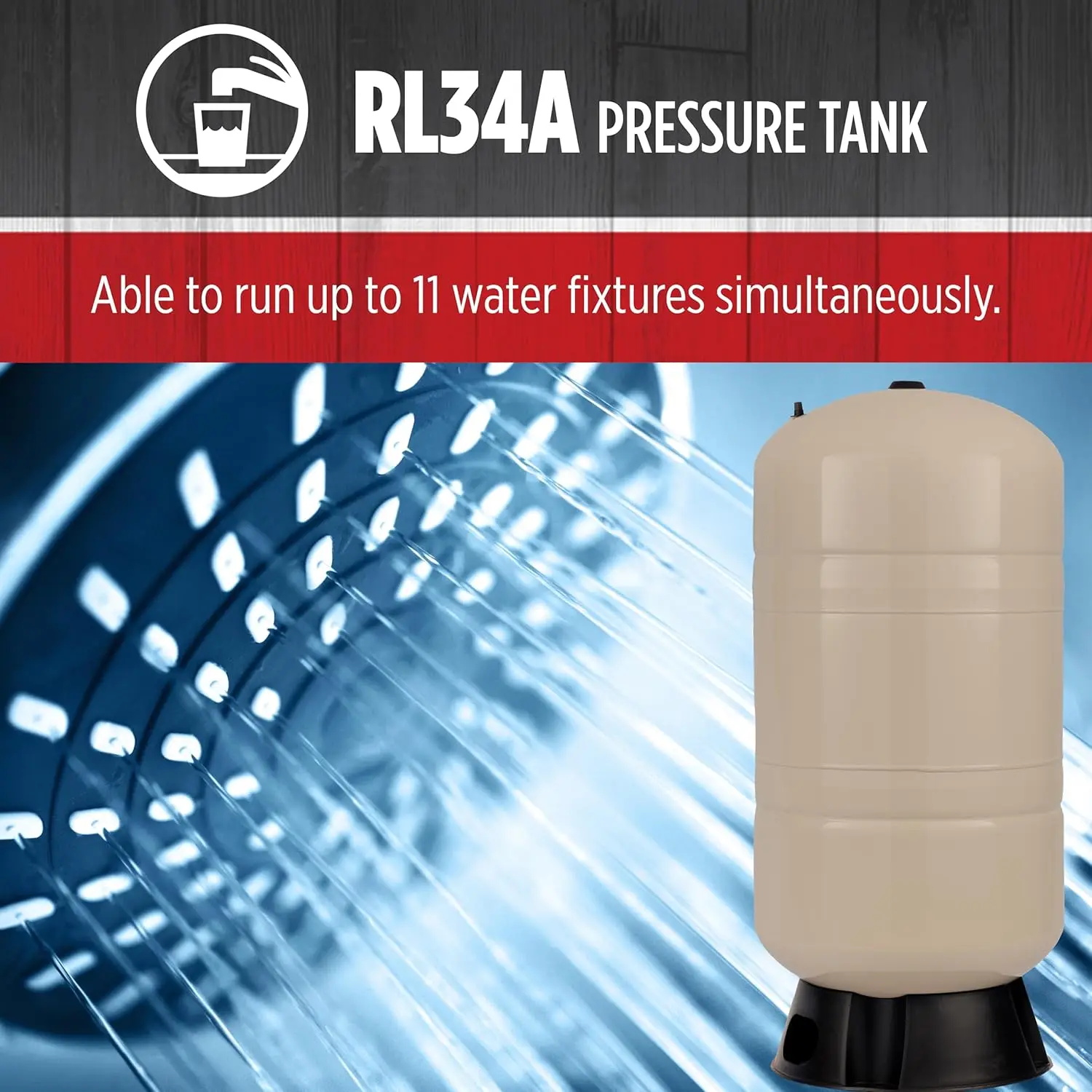 RL34A 34-Gallon Vertical Pre-Charged Pressure Tank with Thermoplastic Base for Well Pumps, 1-Inch FNPT System Connection,604683