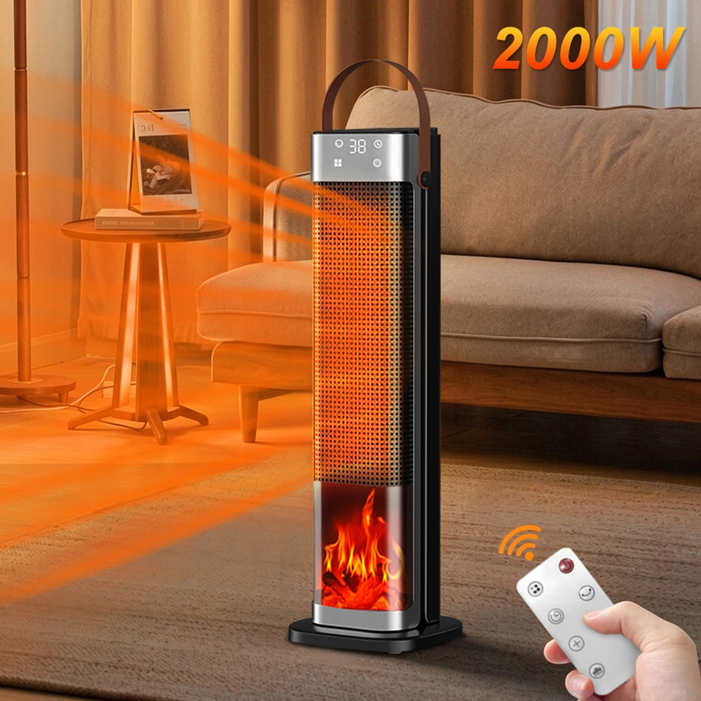 Electric Heater 2000W Portable Flame Fireplace Electric Heating Fans Household Bedroom Office Hot Air Blower with Remote Control