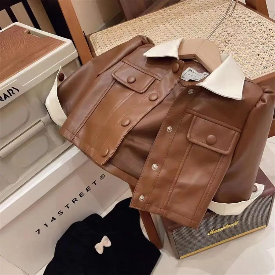 

Autumn Children Girls Leather Coats Loose Turn Down Collar Kids Baby Girls Jackets Contrast Toddler Little Girls Outerwear Coats