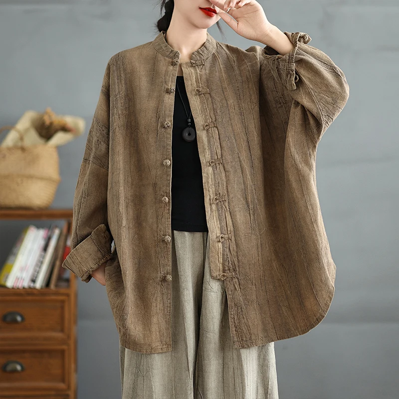 2024 New Arrival Autumn Women All-matched Casual Loose Cotton O-neck Jackets Long Sleeve Single Breasted Outerwear & Coats