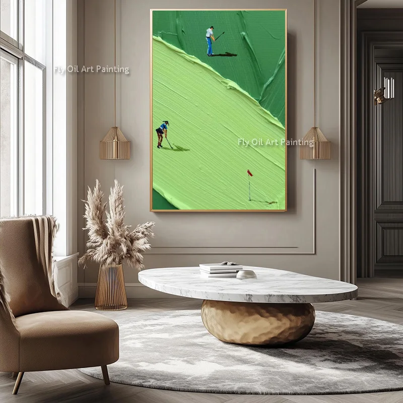 Light Green And Beige Set Of Two Canvas Thick Oil Painting Handmade New Popular Deep Green People Playing Golf Wall Art Decor
