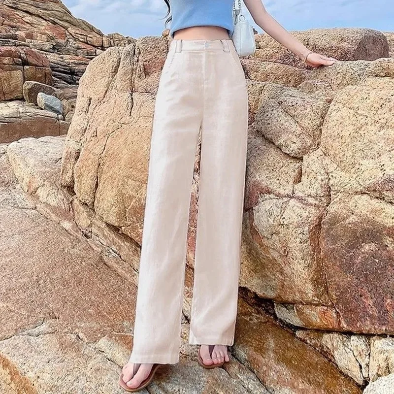 Lente Herfst Vrouwen Wijde Pijpen Broek Femme Grote Maat 4XL Linnen Katoen Rechte Broek Koreaanse Dames Hoge Taille Smalle Pantalons