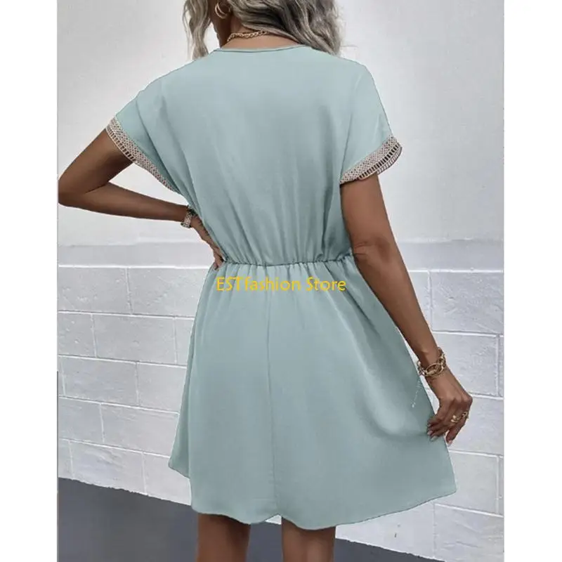 Y5GC Women's Short Sleeve V Neck Midi Dress Lace Accent Drawstring Waist Swing Dress