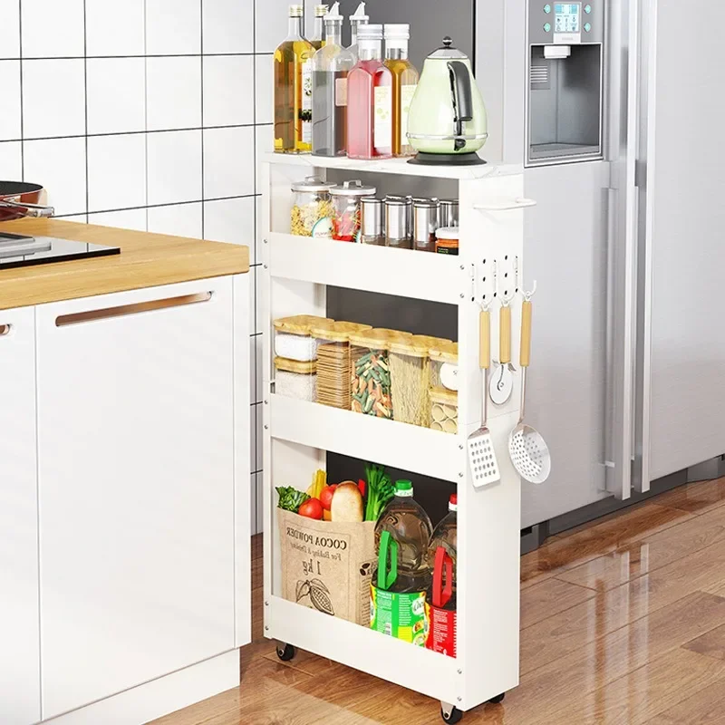 Folding Cart Slim Rolling Kitchen Island Cart Pullout Multi Layer Spice Storage Carbon Steel Wheels Mobile Pantry Rack Bar Cart
