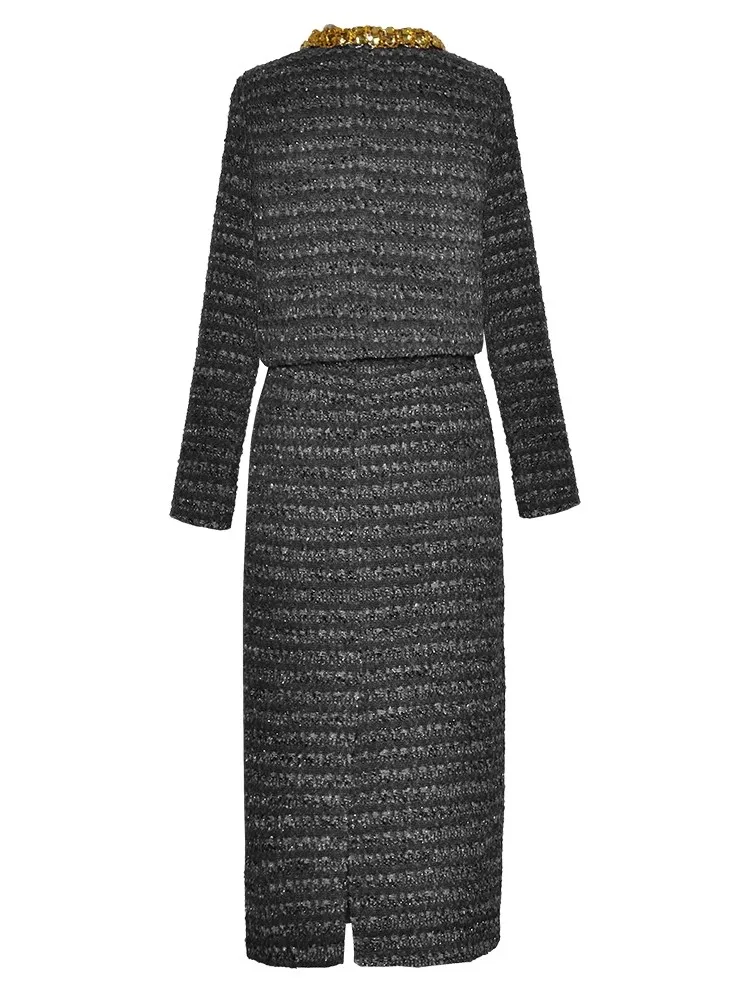 Seasixiang Striped Tweed Suit Women Diamonds O-Neck Single Breasted Jacket + Pencil Skirt Vintage Two Piece Set Female New