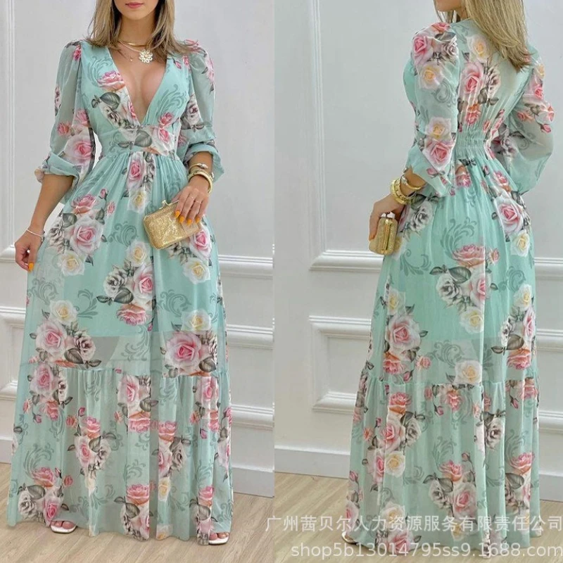 

Dress Women Long Dresses A Line Vestidos Streetwear V Neck Full Sleeve Print Floral Elegant Splice Y2k Work Maxi Summer 2025