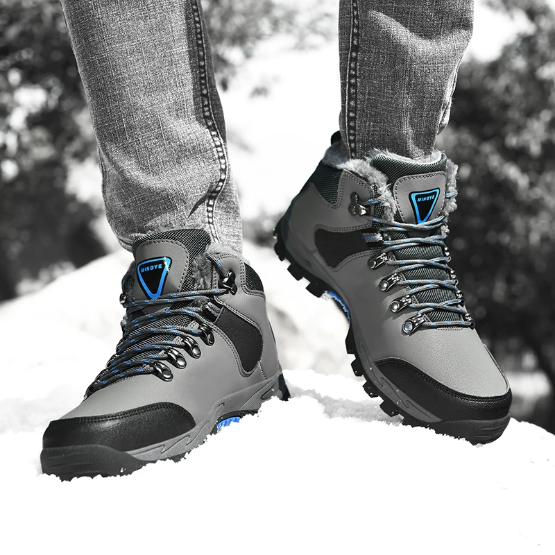 Men Fashion Winter Warm Hiking Sneakers Full Fleece Lined Shock Absorbing Sole Outdoor Mountain Walking Boots