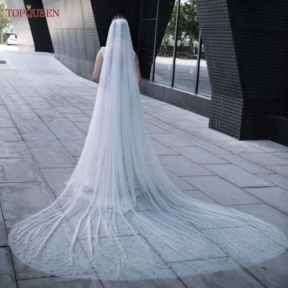 

TOPQUEEN V09A 3m Wide Pearl Bridal Veil 5m Cathedral Length Single Layer Soft Wedding Veil Dense Size Pearl Beaded Veil Church