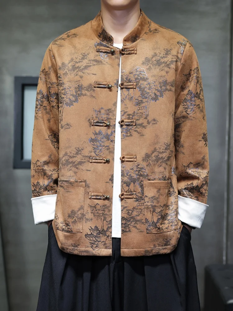 

Новая мужская замшевая куртка в китайском стиле, весна-осень 2025, модная, с пуговицами, свободного кроя, дышащая, с длинными рукавами