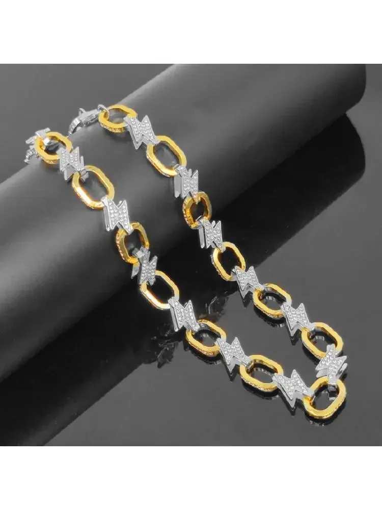 

12mm Gold Silver 2tone Color Lightning Shape AAA Bling CZ Stone Prong Cuban Chain Iced Out Hip Hop Choker Necklace Jewelry 16"