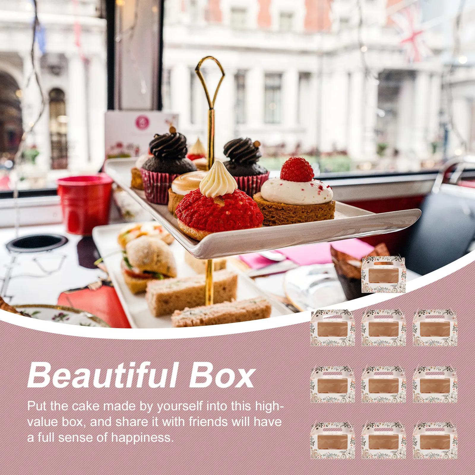 Caja para Transportar Pasteles, 10 Unidades, Diseño con Ventana Transparente, Capacidad para 2 Cupcakes por Caja, Material Seguro para Alimentos, Soporte Interior para Tartas de Queso y Postres