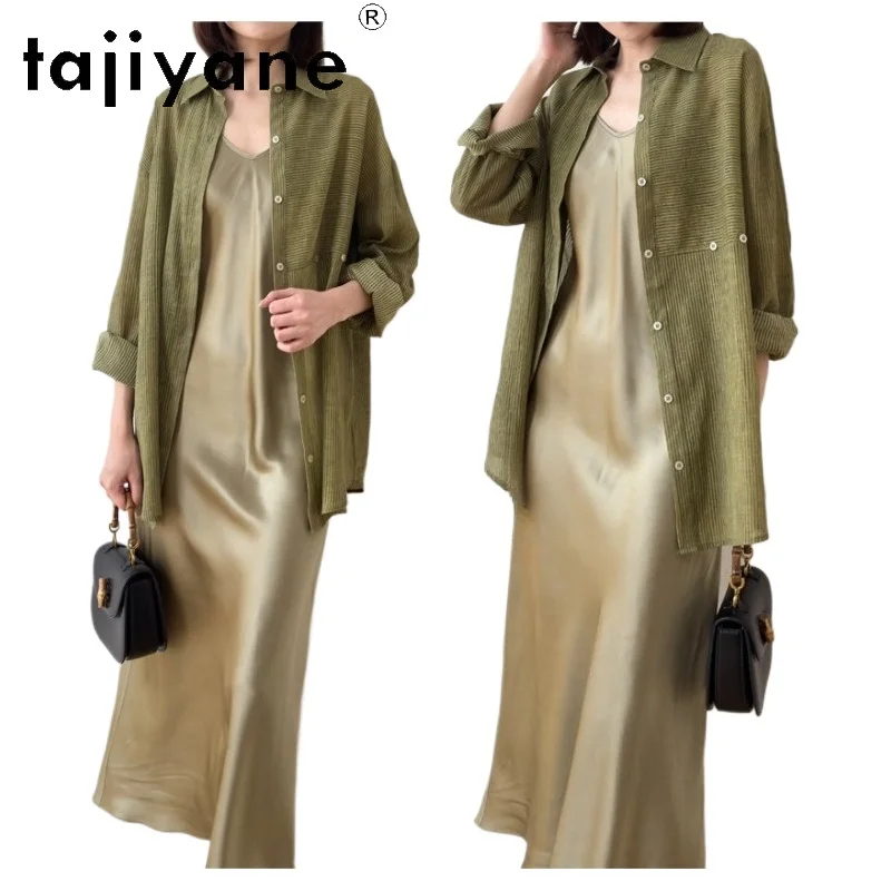 

TAJIYANE 11% Mulberry Silk 89% Cotton Shirts Women Green Stripe Midi-Length Blouse Casual Blended Spring Tops 2026 Woman Clothes