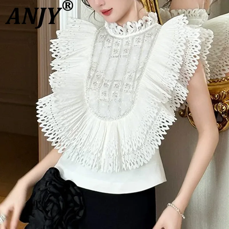 

ANJY Spring Summer New Women Elegant Light Luxury Pearl Sequins Patchwork Shirring Blouse Stylish Ruffled Slim Fit Shirts A22279
