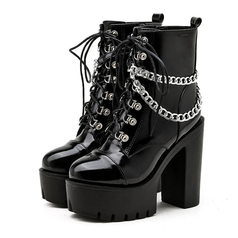 2024 Women\'s Black Gothic High Heel Ankle Boots Sexy Chain Punk Style Patent Leather Platform Boots Lace Up Motorcycle Boots